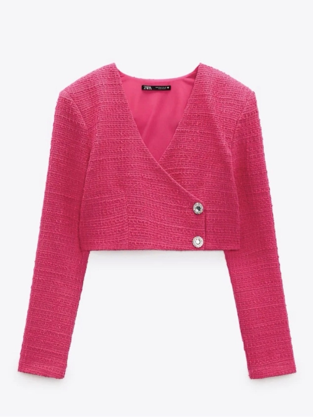 ZARA WOMEN TEXTURED STRUCTURED CROP TOP TWEED FUCHSIA HOT PINK L